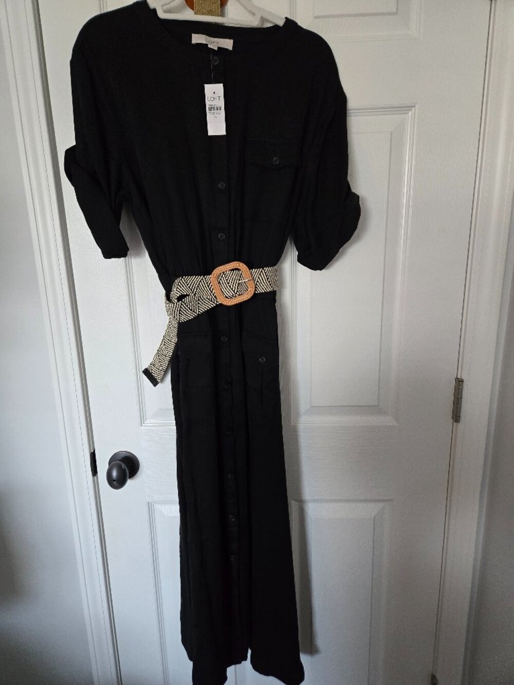 Loft Black Button Front Maxi Dress w/Belt, Sz 14, NWT